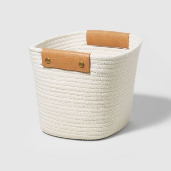 Cotton Rope & Leather Decorative Storage Bin | Ivory | 13" W x 14" D x 6" H - Picture 4 of 5